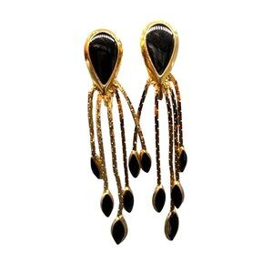 Elegant Black Enamel Chains Tassel Dangle Drop Chandelier Earrings Gold Tone